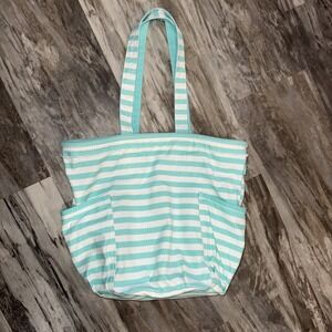 Thirty One 31 Retro Metro Tote Bag Tote Turquoise Wave Outer Pockets Striped